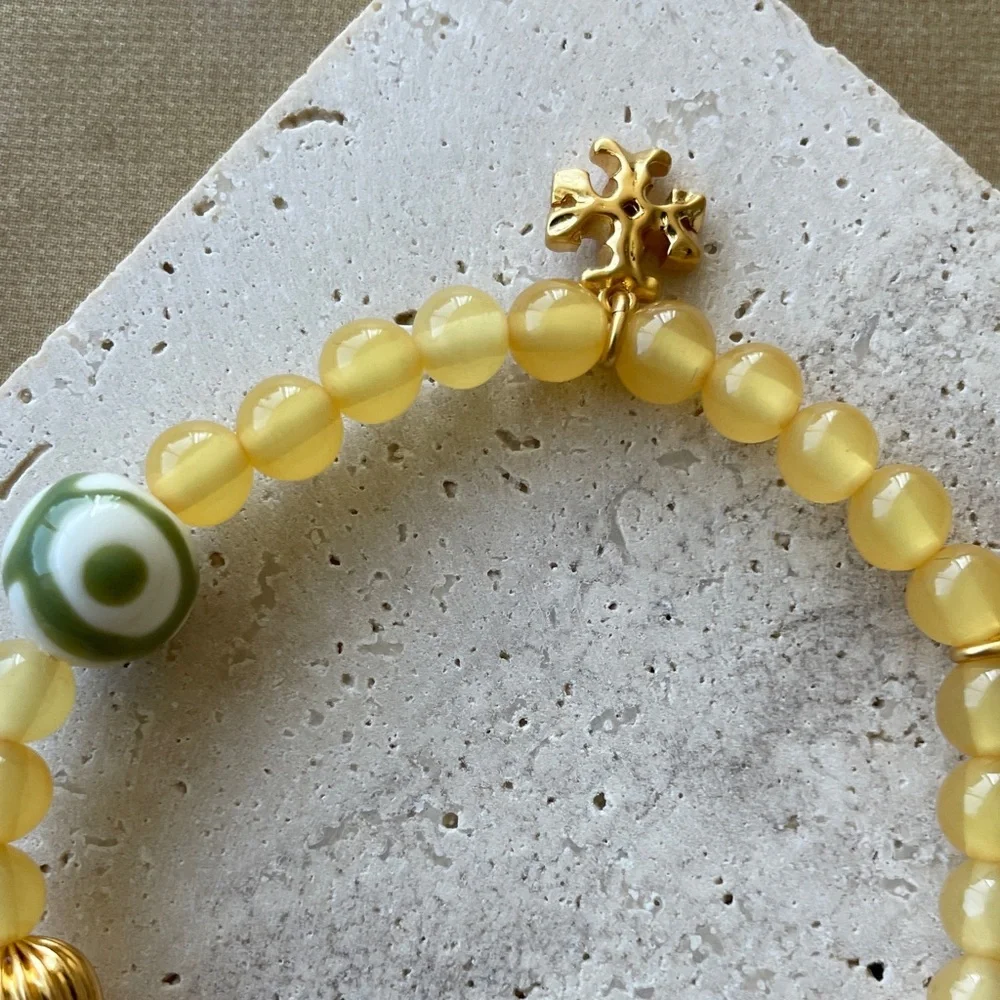 Tory Burch Beaded Charm Bracelet Yellow Green Tassel Stretch Bracelet